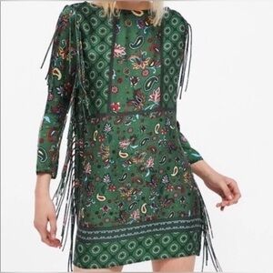 Zara XS Green Patterned Dress with Fringe